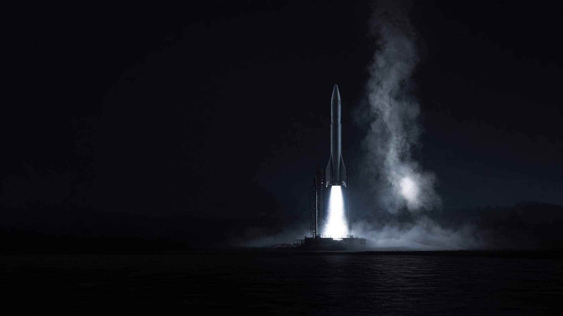A cold white rocket plume against matte black — a navigational flare